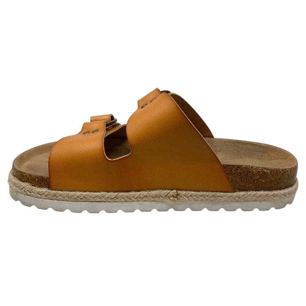 Time & Tru Sz 11 Brown Vegan Leather Chunky Lug Sole Buckle Slide Sandals